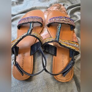 Rampage Beaded Boho Flat Open Toe Sandals With Adustable Heel Strap Size 9.5M